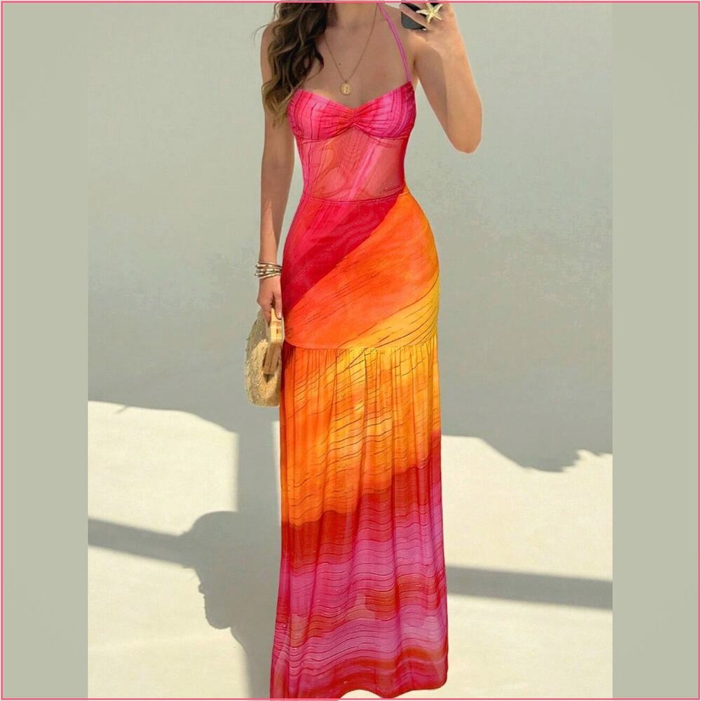 Multicolor Boho Women's Romantic Floral Print Sleeveless Backless Dress